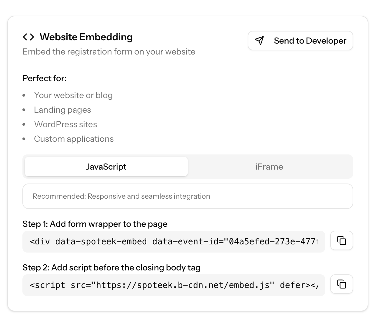 Website embedding setup with JavaScript snippet