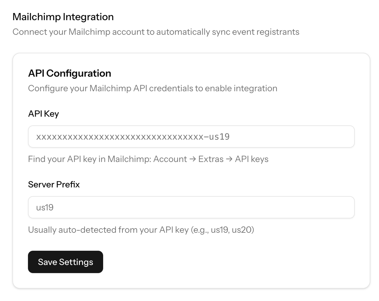 Mailchimp integration settings