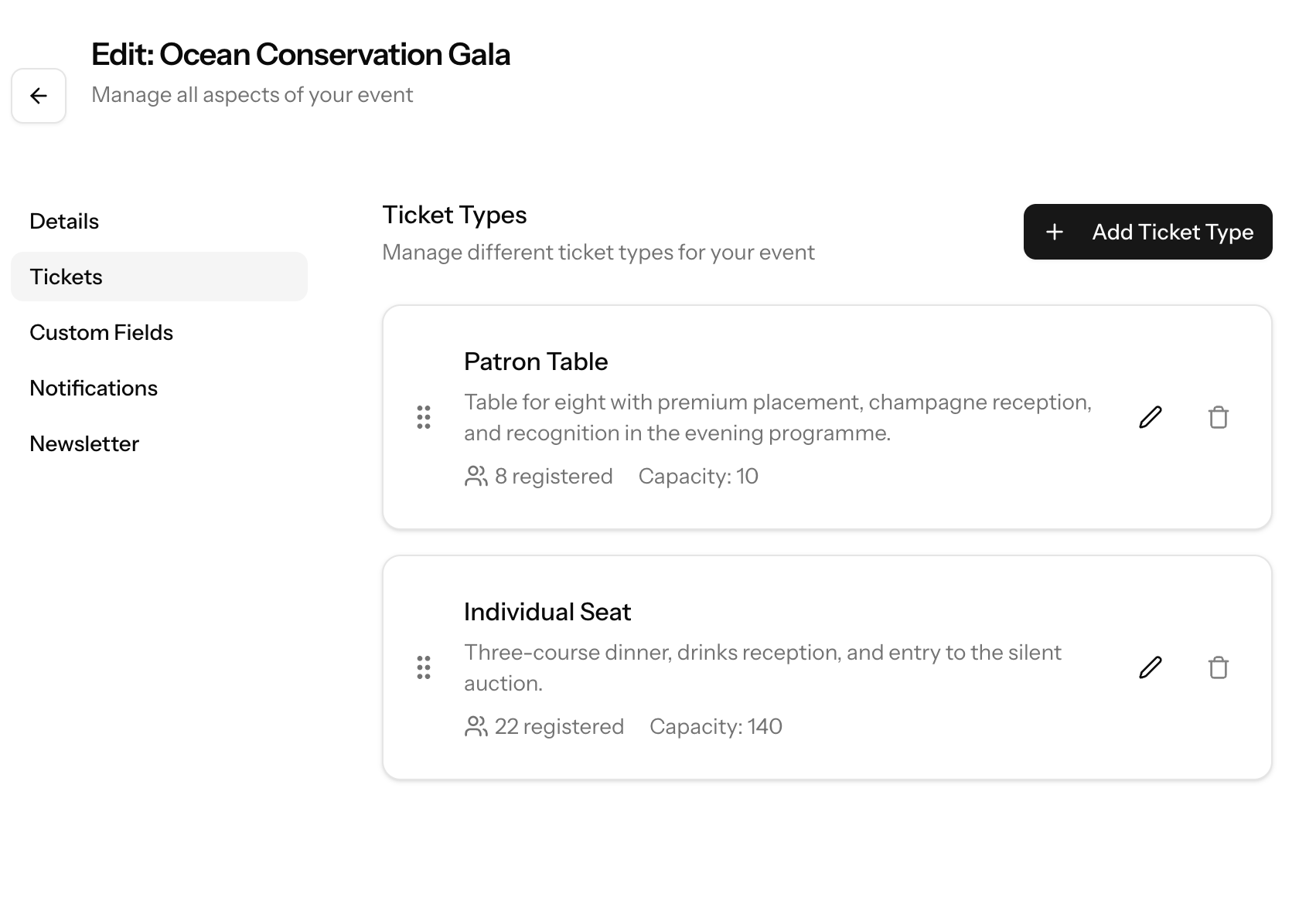 Ticket types management for an event