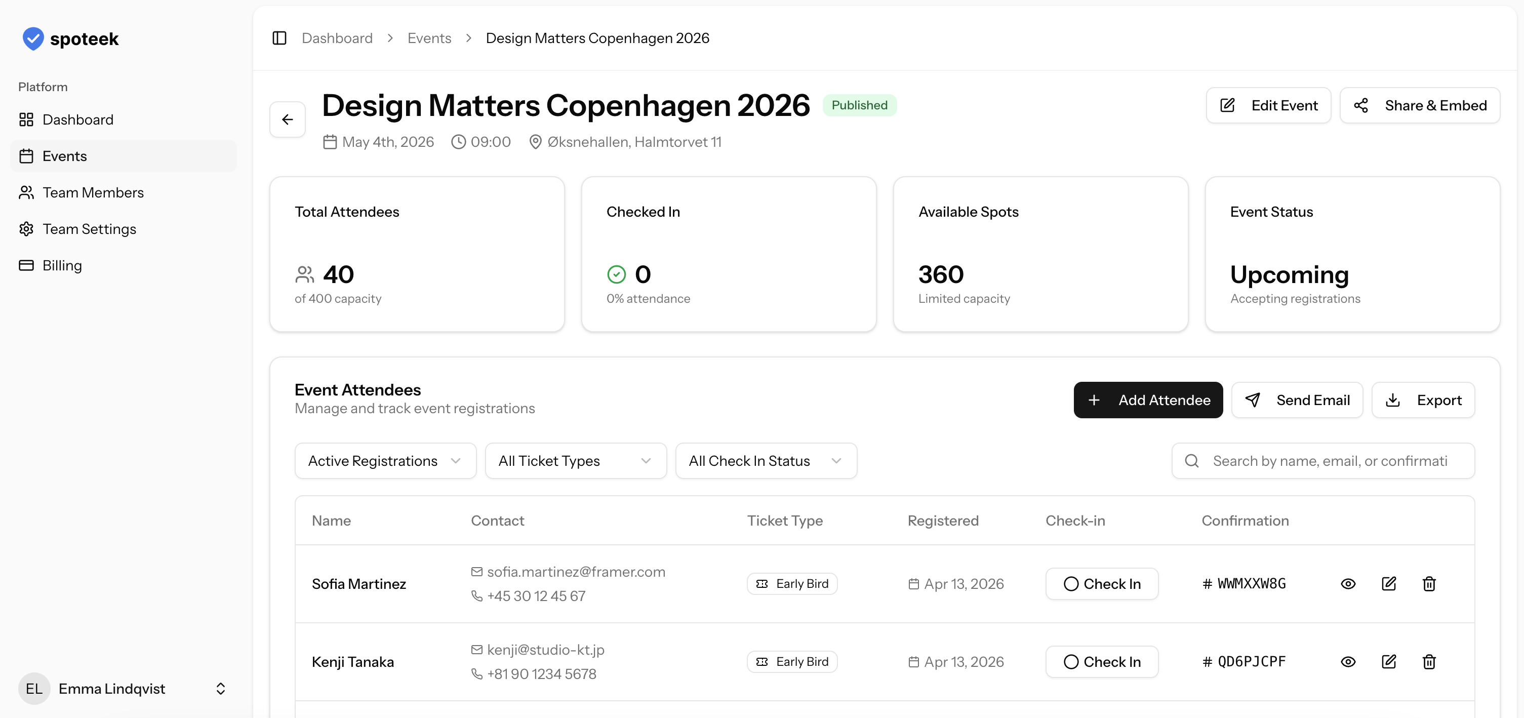spoteek event dashboard showing attendee management